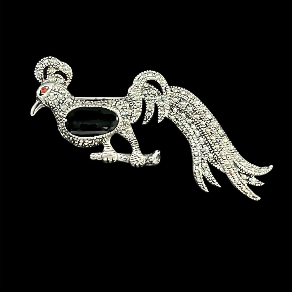 Vintage sterling silver black onyx and marcasite peacock brooch pin
